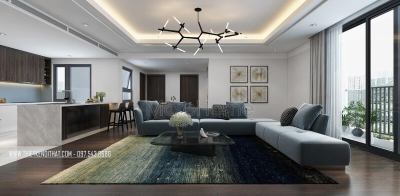 Không gian phòng khách thực sự thoáng đãng, gọn gàng với diện tích căn tương đối lớn cùng với sự bố trí đồ nội thất hài hòa của KTS Mẫu nội thất chung cư hiện đại
