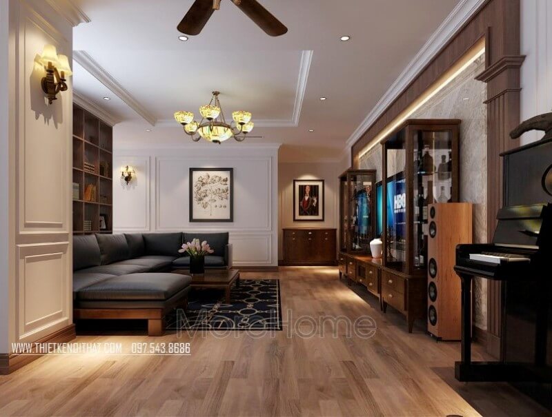 Thiết kế nội thất phòng khách chung cư đẹp với chất liệu gỗ óc chó tự nhiên nhập khẩu cao cấp Mẫu nội thất chung cư hiện đại