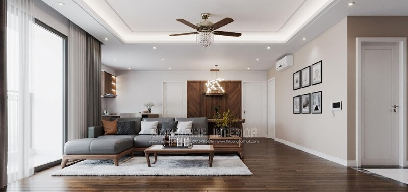 Gợi ý bạn mẫu thiết kế sofa phòng khách bằng gỗ óc chó sang trọng tại căn hộ chung cư Imperia Sky Garden Hà Nội thiết kế chung cư