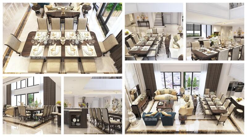 Bộ bàn ăn 10 ghế gỗ óc chó sang trọng đẹp ở căn hộ duplex thanh xuân hà nội thiết kế chung cư