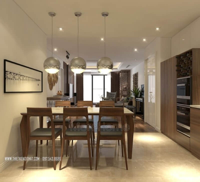 Sản phẩm bàn ghế ăn bằng gỗ óc chó đẹp tinh tế tại căn hộ chung cư hiện đại Imperia Garden Hà Nội thiết kế chung cư