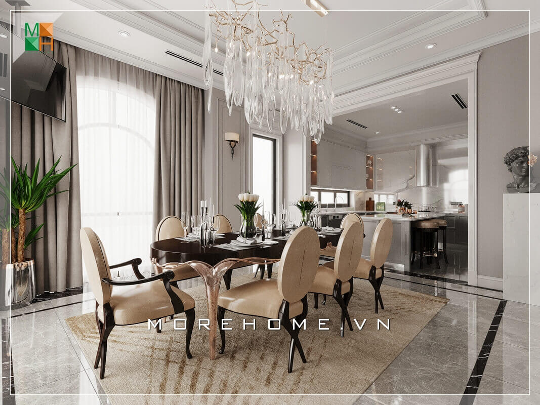 Thiết kế nội thất phòng bếp và phòng ăn đẹp theo phòng cách tân cổ điển cho biệt thự, nhà phố, chung cư cao cấp. thiết kế chung cư