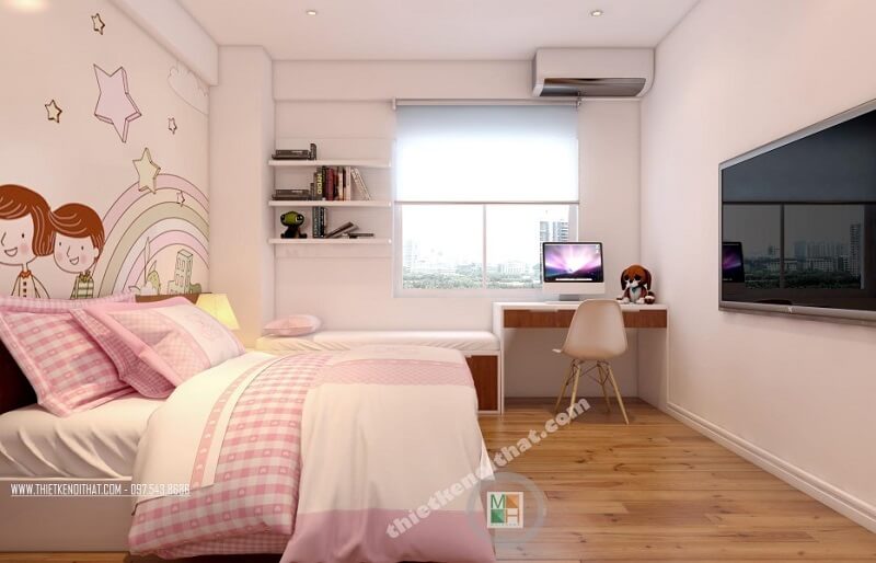 Mẫu thiết kế phòng ngủ trẻ em hiện đại màu hồng với đồ nội thất nhỏ gọn tiện nghi.