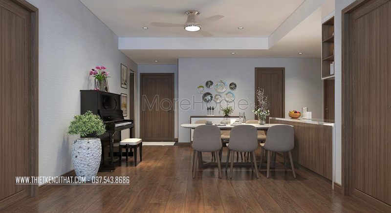 Phòng ăn được thiết kế với nội thất hiện đại và bộ bàn ăn 6 ghế, kết nối với phòng khách, tạo nên một không gian sống thoải mái và tiện lợi.